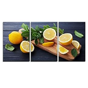 3 Piece Canvas Wall Art - Lemon and Mint Leaves Served on Wooden Kitchen Board on Black Rustic Table - Modern Home Art Stretched and Framed Ready to Hang - 16"x24"x3 Panels