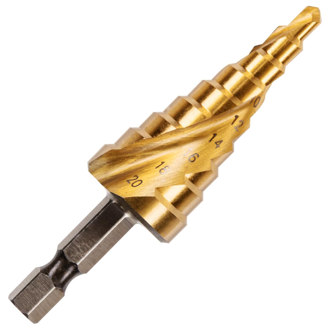 4mm to 20mm Spiral Flute Step Drill Bit, High Speed Steel Titanium Coated, Metric Hex Shank, HSS Tool For DIY Plastic Wood Steel Metal Aluminum Copper. Cone Cutter Hole Cutter Drill Bit — image 1