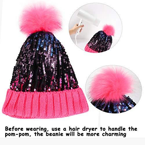 Homiton Women Sequin Knitted Beanie Hat with Faux Fur Pom-Pom Shiny Bling Skull Cap (Black)