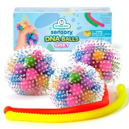Spiky DNA Stress Balls Toys Set for Kids and Adults – 5-Pack Stress-Relief DNA Sensory Balls with Textured Stretchy Strings – Clear Sensory Squeeze Stress-Relief Balls – Sensory Squishy Stress Balls