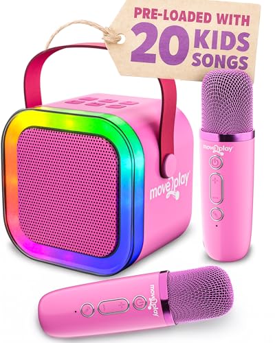 Move2Play, Mini Karaoke Machine for Kids | Built-in 20+ Songs | Bluetooth Speaker & Microphones | Voice Effects | Toddler Music Toy | Christmas Stocking Stuffer | Girls & Boys Age 2 3 4 5 6+ | Pink
