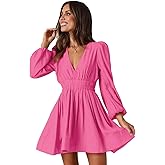 Plustrong Mini Deep V Neck Long Sleeve Dress for Women A Line Flowy Short Cocktail Wedding Guest Dresses