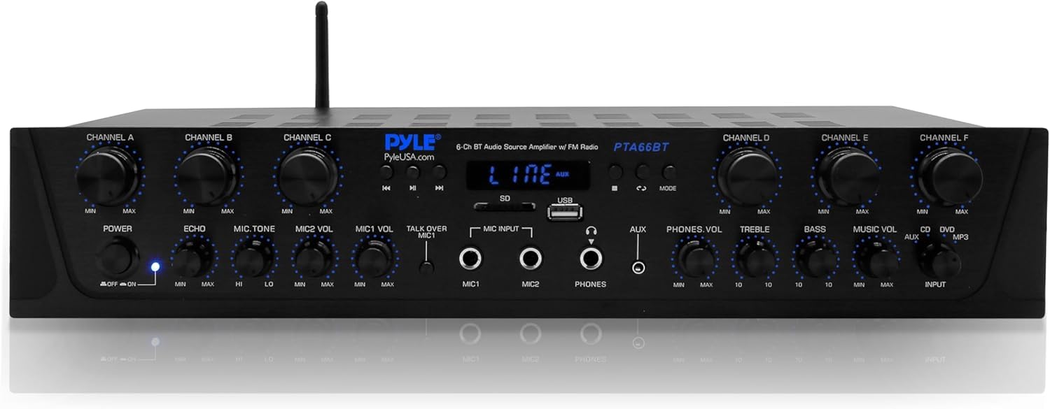 Pyle Bluetooth Amplifier Hifi - 600W Karaoke Mini Amp Wireless, 6 Channel Hi Fi Amplifier Stereo AV Receiver & Amplifiers w/Digital LCD, Headphone Jack, 1/4'' Microphone IN USB SD AUX RCA FM Radio