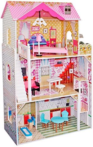 boppi Tall Wooden Girls Dolls House 3 Storey Town Mansion with moving Lift/Elevator and 14 Play Furniture Accessories