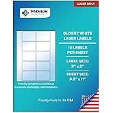 Premium Label Supply Glossy White Sticker Labels – 3" x 2" – (10 per Sheet) (Glossy White for Laser Only, 100 Labels)