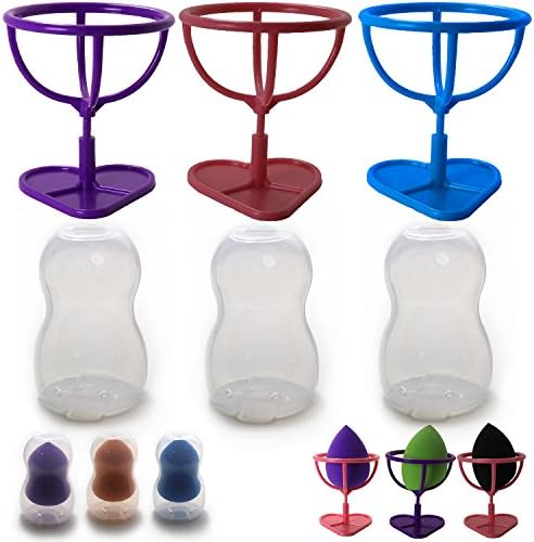 Beauty Makeup Sponge Blender Holder Dryer Organizer Rack Puff Display Stands and On The Go Storage Egg Carrying Cases 6, 3 of transparent white plus 3 colors of purple,blue,pink