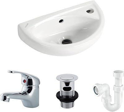 Trade In Post Small Curved Cloakroom Basin Sink Wall Hung 1 Tap Hole + Fittings
