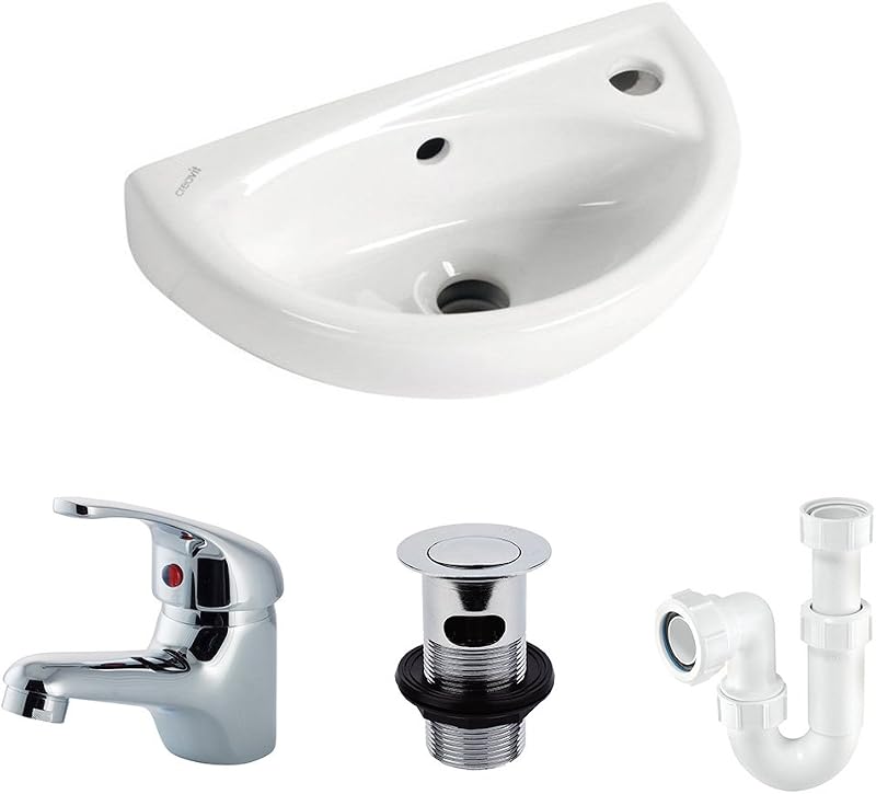 Trade In Post Small Curved Cloakroom Basin Sink Wall Hung 1 Tap Hole + Fittings