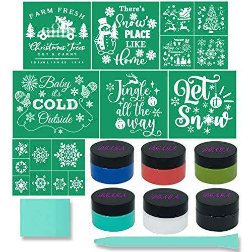DGAGA 15PCS Christmas Silk Screen Stencils,Chalk Paste and Mesh Stencils Set Chalk Mesh Transfers Self Adhesive Stencils Reusable for Painting on DIY Wood Signs, Fabric,Home Decor,Chalk Paste