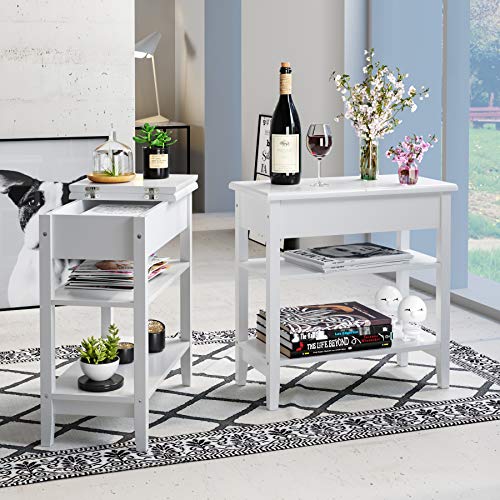 HOMECHO Narrow End Table, Flip Top Sofa Side Table with Storage Shelves