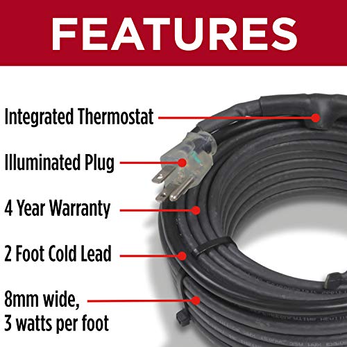 Heat Cable for Pipe Freeze Protection, 60 feet, with Built-in Thermostat and 16 Feet of High-Temp Installation Tape, Heavy-Duty, Self-Regulating, 120 volt