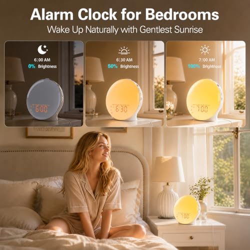 Wake Up Light Sunrise Alarm Clock for Bedroom, 17 Nightlights, Sound Machine with 5W Bluetooth Speaker, 25 Soothing Sounds, SleepTimer, Dual Alarms, FM Radio, Ideal Gift for Baby, Kids, Adults, Senior