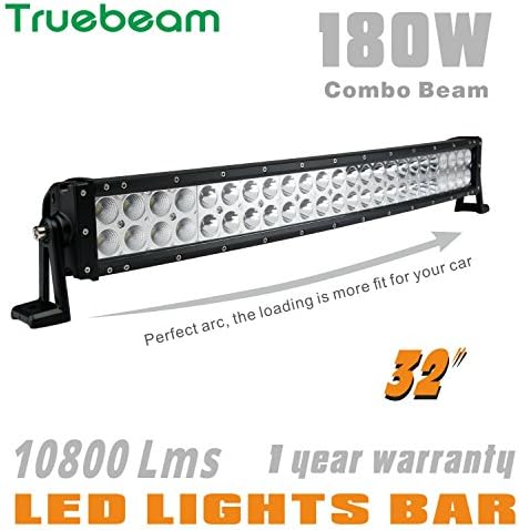 Truebeam 180W 32Inch Curved Led Light Bar Spot Flood Combo Beam Driving Fog Light Waterproof Led Work Light for Truck Off Road Pickup Jeep SUV UTV ATV 4X4 12/24V IP68