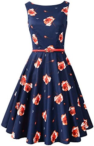 Chicanary Women's Floral 1950s Rockabilly Cotton Vintage Dress (XX-Large, Navy Rose)