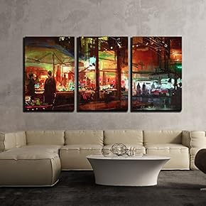 3 Piece Canvas Wall Art - Digital Painting of People Walking in The Market at Night - Modern Home Art Stretched and Framed Ready to Hang - 16"x24"x3 Panels