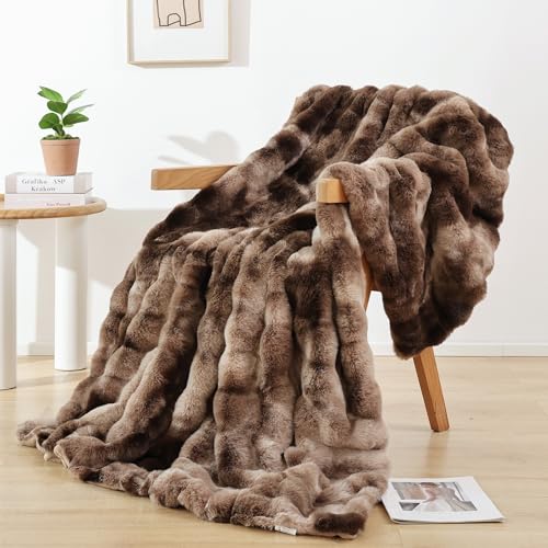 Smoofy Throw Blanket Faux Fur Rabbit Fleece Tie Brown, Luxury Soft Cozy Throw Blanket for Bed Couch Living Room Fluffy Home Decor Blankets for Women Fuzzy Blanket 50X60