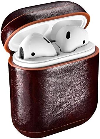 AirPods Case Cover Shiny Finish Handmade Leather Protective Shockproof Case Compatible with Apple AirPods 1 & 2 Charging Case [Front LED Not Visible] [Supports Wireless Charging] (Coffee)