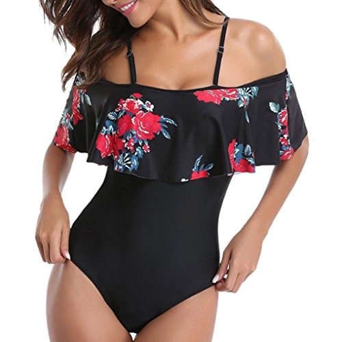 Womens Ruffle Flounce Off The Shoulder Swimsuit Bikini Printing Floral One-Piece Swimwear Monokini Bathing Suit (Black, L)