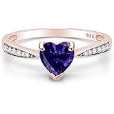 Solitaire Heart Promise Ring for Women Center 7MM Simulated Birthstone with White CZ, Stackable Gemstone Ring in 14K Gold Plated 925 Sterling Silver, Jewelry Gift for Her