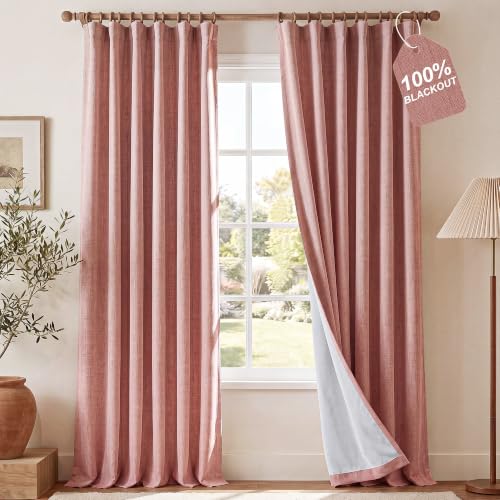 NICETOWN Linen 100% Blackout Pink Curtains White Liner for Girls Room, Pocket/Back Tab with Hook Belt for Pinch Pleat Look Thermal Drapes for Princess/Nursery, W52 x L84, 2 Panels at Amazon