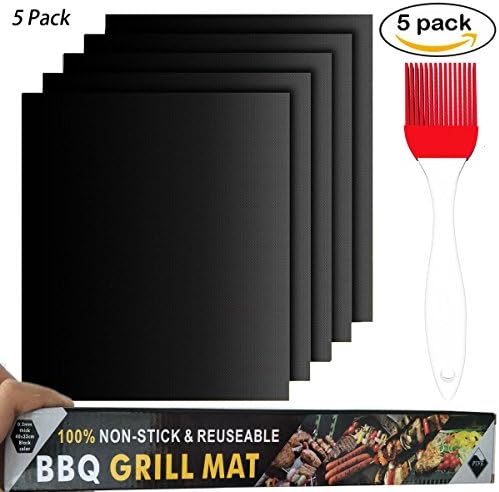 BBQ Mats - Non-stick Grill &amp; Baking Cooking Mats-Heat Resistant Reuseable Grill Mat Pack of 5- 13 X 16 Inches (Black)