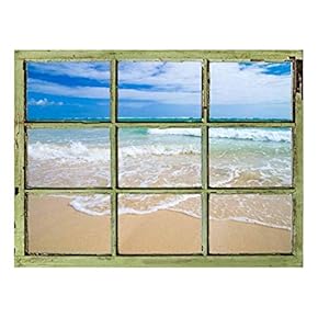 Window View Wall Mural - Tropical Beach and Clear Sea Waves - Vintage Style Wall Decor - Peel and Stick Adhesive Vinyl Material - 24x32 inches