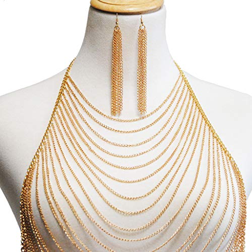 Alloy Multilayer CrossTassel Chain with Ear Ring, Sexy Belly Women Golden Tassel Crossover Bikini Body Chain Necklace with Gift Box (Gold Ear Ring with Body Chain) - Thumbnail 5