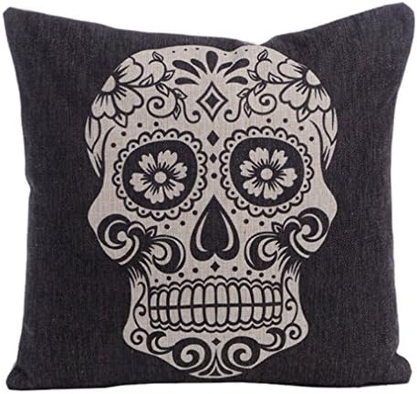 Onker Cotton Linen Square Decorative Throw Pillow Case Cushion Cover 18" x 18" Black Skull Halloween All Hallows' Eve