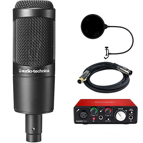 Audio-Technica Cardioid Condenser Microphone (AT2035) with Focusrite Scarlett Solo USB Audio Interface, Monoprice Premier Series XLR 10' Male to Female Cable & Pop Shield Microphone Wind Screen