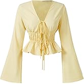 Milumia Women's Bell Long Sleeve Bow Tie Front Blouses Shirred Ruffle Hem Casual Tops