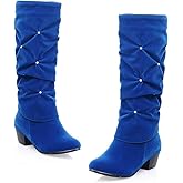 MIOKE Women's Fashion Slouch Mid Calf Riding Boots With Rhinestone Round Toe Suede Cozy Low Heel Dress Boots