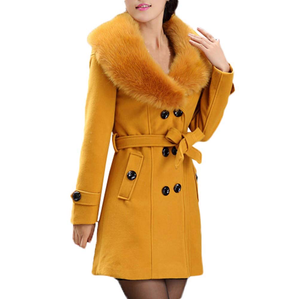 Buy MOMKER Women Wool Pea Coat Faux Fur Collar Double Breasted