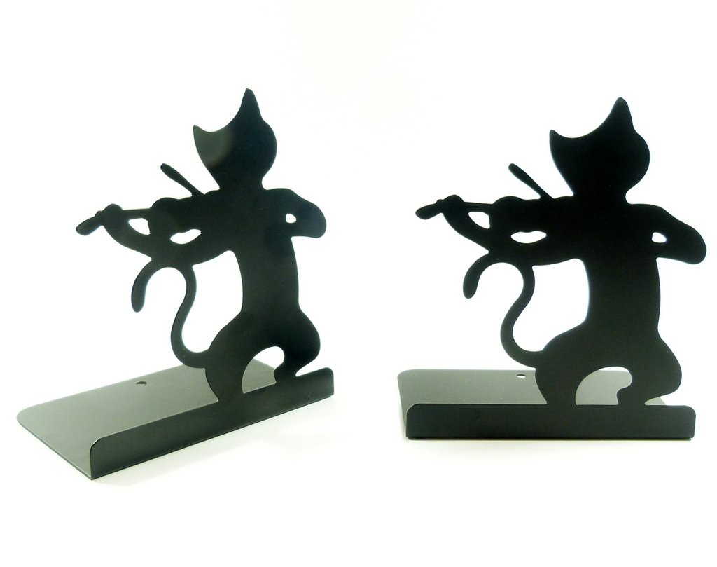 Music Themed Black Cat playing Violin Bookends Book Stand (2 pieces)