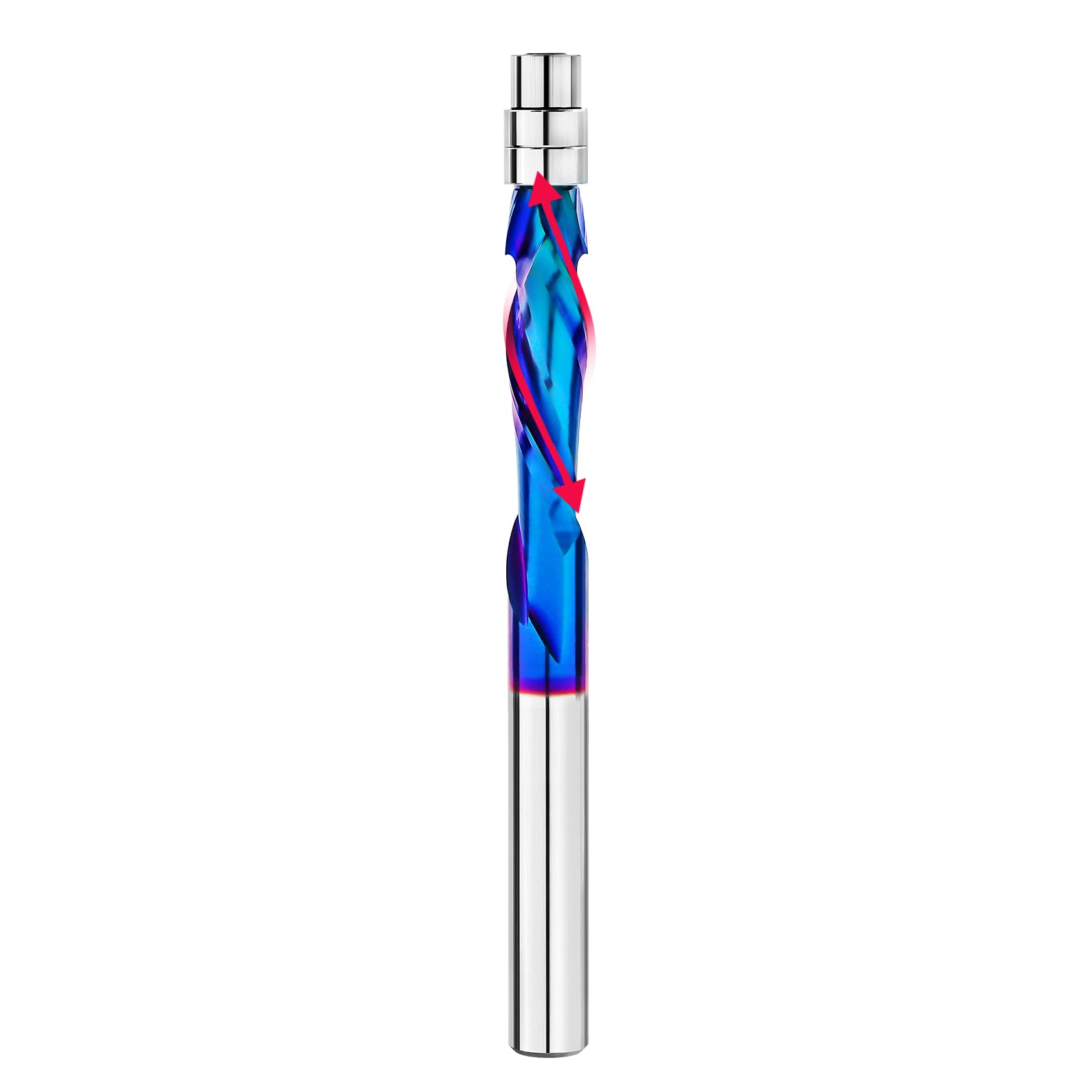 BGTEC Spiral Flush Trim Router Bits, Compression Cut Spiral bit 1/4" Shank and 1-1/8" Cutting Length Solid Carbide Flat Tip Trimming Bits with Nano Coating for Woodworking Trimming