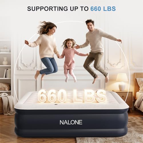 NALONE Matelas Gonflable 2 Personnes Electrique, Lit Gonflable Autogonflant 203x152x45cm, Pompe Électrique Intégrée avec Dossier Amovible (2 Personnes)