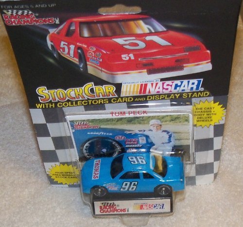 NASCAR #96 Tom Peck Thomas Racing Team Stock Car With Driver's Collectors Card And Display Stand. Racing Champions Black Background Red Series 51 Car