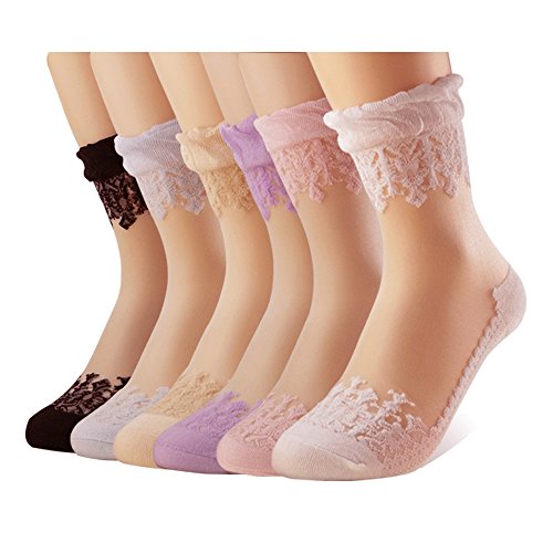 TLY Womens 6 Pairs Ultrathin Transparent Lace Elastic Short Socks