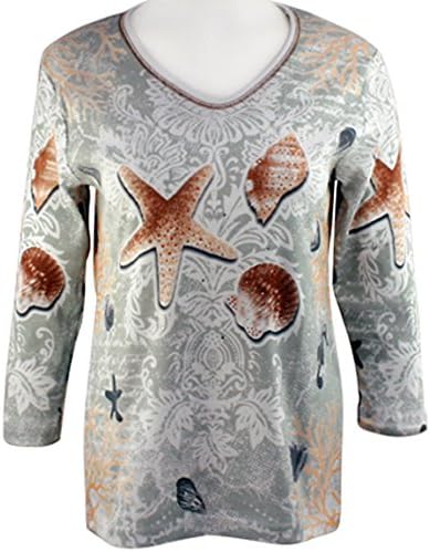 Cactus Bay Apparel - Shell Collage, 3/4 Sleeve, V-Neck, Rhinestone Cotton Top