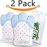 Baby Teething Mittens, Teething Glove for Baby, Smiling Teething Toys Mitten, Self-Soothing Stand on Hand mitt with Handy Travel Bag (Blue)
