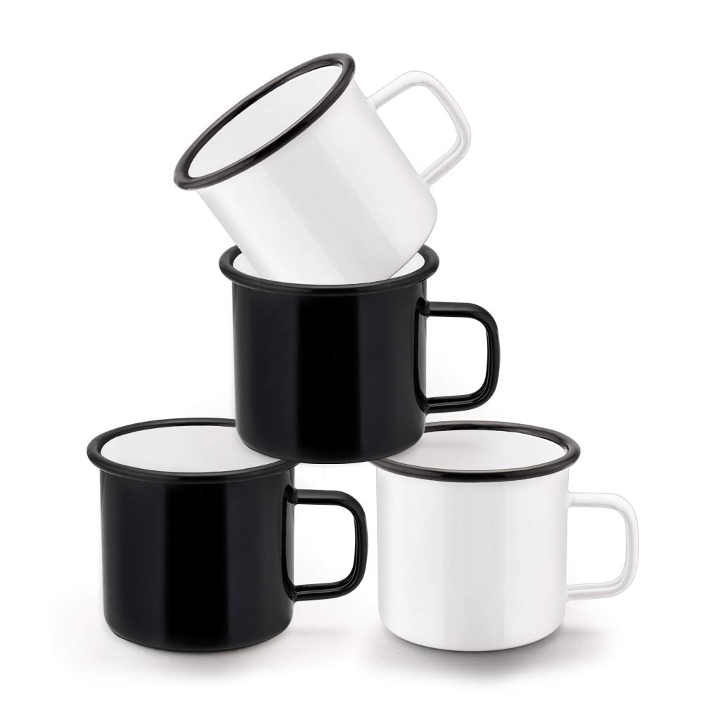 HaWare Enamel Coffee Tin Mug Set of 4 White/Black Enamel Drinking Cups, Ideal for Home/Office/Travel/Camping, Reusable & Portable, 350 ml - 12 Ounce