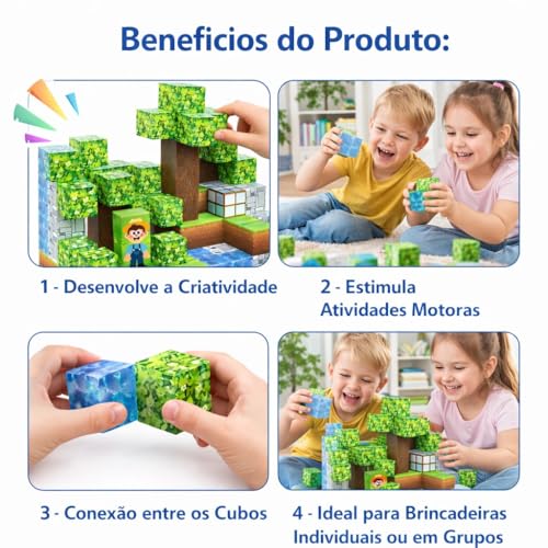 Blocos de Construção Magnéticos, Kit 96 Peças Cubos de Montar Educativos, Brinquedo Criativo e Sensoriais para Crianças 3+ Anos, Mundo de Construção com Imãs, Presente para Meninos e Meninas