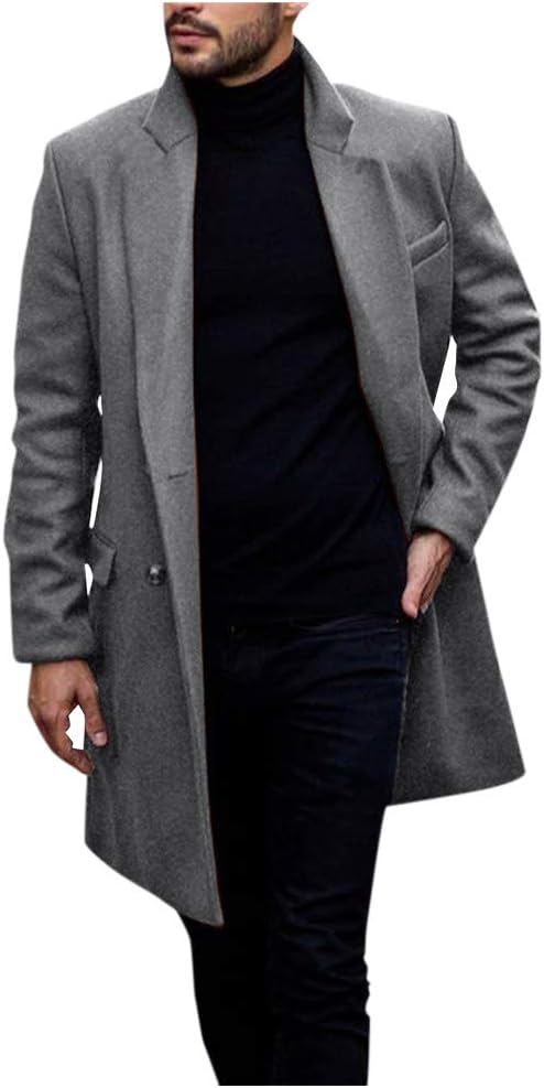 Mens Coats Slim Fit Winter Business Jackets Elegant Thick Overcoat Casual Trench Coat Solid Lapel Single-Breasted Warm Outwear