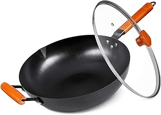 SKY LIGHT Wok-Pfanne mit Deckel, ohne chemische Rührpfanne Induktion 32,5 cm, Eisentopf aus 100% Kohlenstoffstahl mit abnehmbarem Holzgriff, kratzfestem, flachem Boden für Elektroherd, Induktionsherd