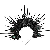 HANSAMU Halo Headband Black Roses Halo Crown Flower Headpiece with Crystal Gems Sunburst Spiked Tiaras Headwear for Women Halloween Mexican Renaissance Cosplay