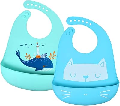 Vicloon Silicone Baby Bibs 2-Pack Adjustable Waterproof Food Catcher Pocket