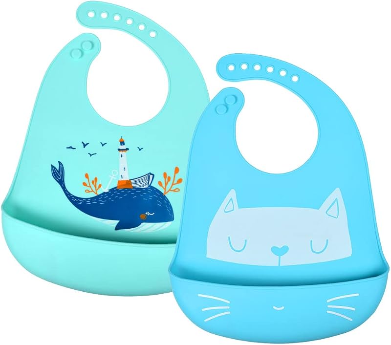 Vicloon Silicone Baby Bibs 2-Pack Adjustable Waterproof Food Catcher Pocket