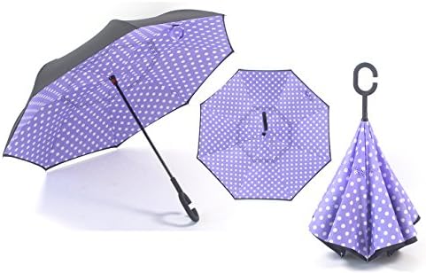 Inverted Double Layer Windproof UV Protection Reverse folding Umbrellas (Purple Polka Dots)