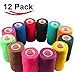 3 Inch Vet Wrap Tape Bulk (Assorted Colors) (Pack of 12) Self Adhesive Adherent Adhering Flex Bandage Grip Roll for Dog Cat Pet Horse