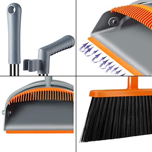 Kelamayi Broom and Dustpan Set, Super Long Handle Lobby Broom, Self-Cleaning with Dust Pan Teeth, Ideal for Home, Kitchen and Office Use (Gray & Orange)