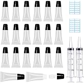 AMORIX 50PCS Empty 5ml Black Cap Lip Gloss Tubes for Lipgloss Base | Lip Gloss Containers,Lip Balm Tubes,Squeeze Tubes,Includes Syringes&amp;Labels, Lipgloss Making Glitter Pigment Powder Supplies